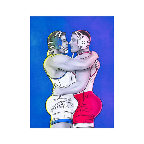 illustrated art showing two homoerotic male gay wrestlers embracing each other closely